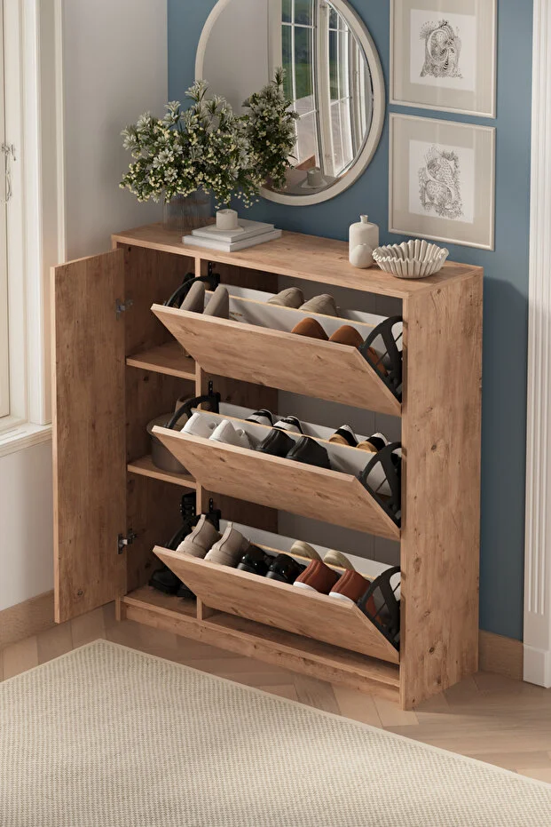 Düşer Kapak Ayakkabılık 4 Kapaklı 6 Bölmeli Kayar Raflı Ayakkabılık